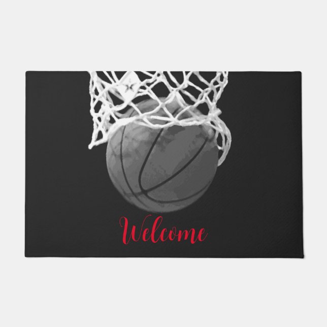 Welcome Basketball Ball & Net Black & White Doormat (Front)