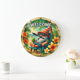 Welcome Beach Gnome Tropical Relax Large Clock