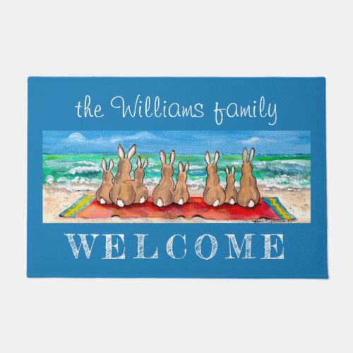 Welcome Beach House Bunny Rabbit Family Coastal  Doormat