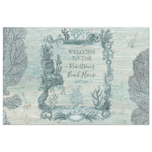 Welcome Beach House Coral Blue Wood Decoupage Tiss Tissue Paper