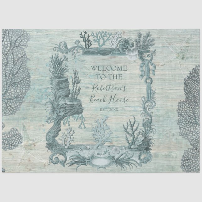 Welcome Beach House Coral Blue Wood Decoupage Tiss Tissue Paper (Front)