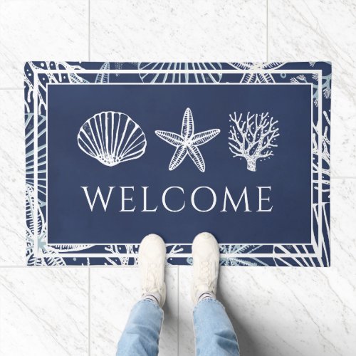 Welcome Beach House Coral Shell Seahorse Doormat