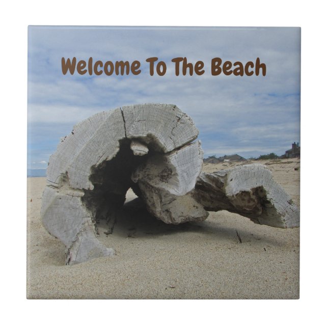 Welcome Beach House Driftwood Photo Pacific Ocean Ceramic Tile (Front)