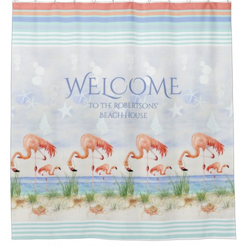 Welcome Beach House Sign Flamingo Ocean Seashell Shower Curtain