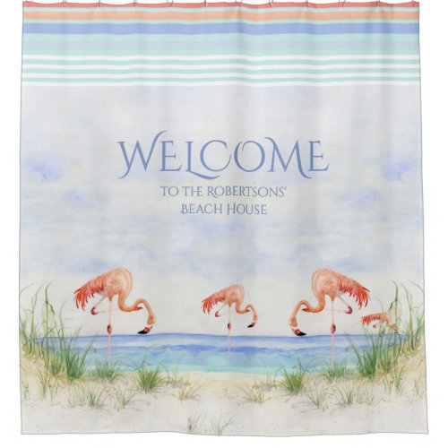 Welcome Beach House Sign Flamingoes Ocean Sand Art Shower Curtain