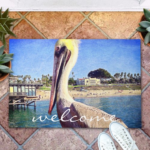 Welcome Beach Pier Pelican Bird Photo Script Doormat
