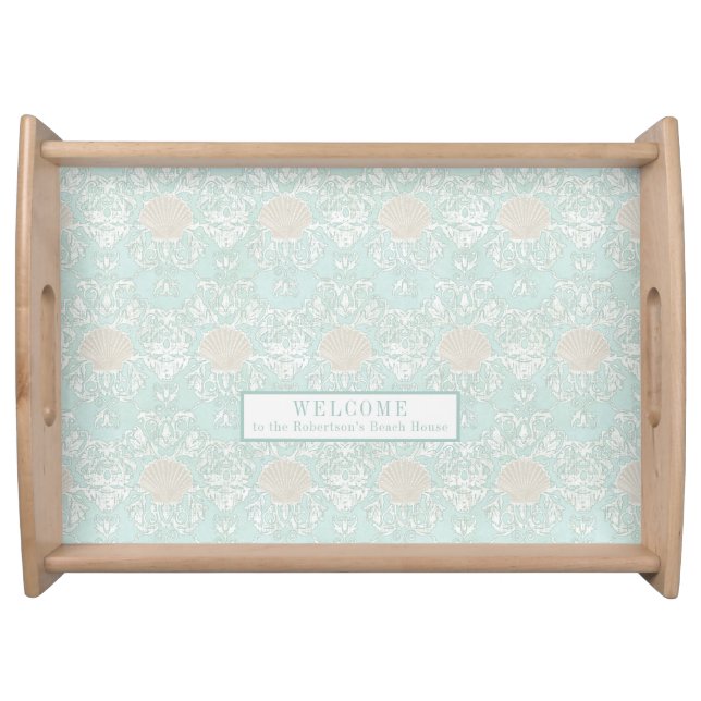 Welcome Beach Seashells Blue White Damask Pattern Serving Tray (Front)
