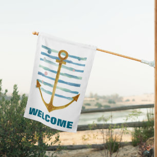 WELCOME, Beach, Ships Anchor Coastal House Flag