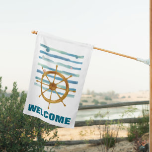 WELCOME, Beach, Ships Wheel Coastal House Flag