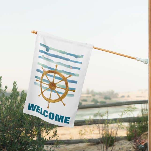 WELCOME, Beach, Ships Wheel Coastal  House Flag (Insitu (Back))