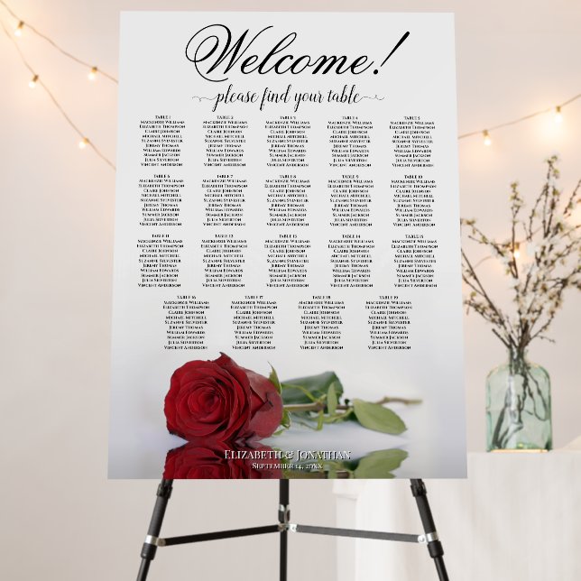 Welcome! Beautiful Red Rose 19 Table Seating Chart Foam Board (In Situ (Stand))