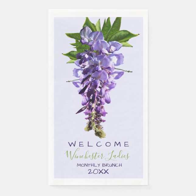 Welcome Beautiful Wisteria Flowers Custom Name Paper Guest Towels (Front)