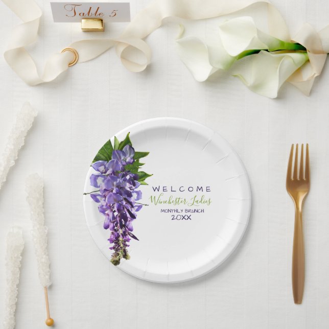 Welcome Beautiful Wisteria Flowers Custom Name Paper Plates (Wedding)