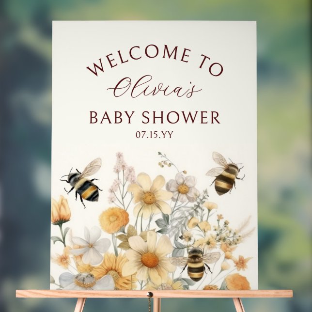 Welcome Bee Wildflower Floral Baby Shower Acrylic Sign (Neutral)