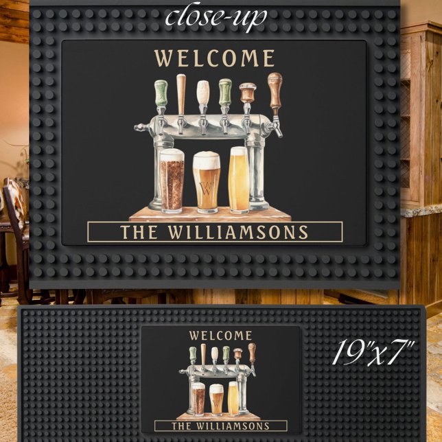  Welcome Beer Time Family Name Monogram Black Bar Mat (Creator Uploaded)