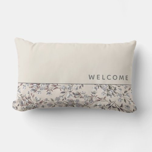 Welcome  Beige Linen  Gray Floral Lumbar Pillow