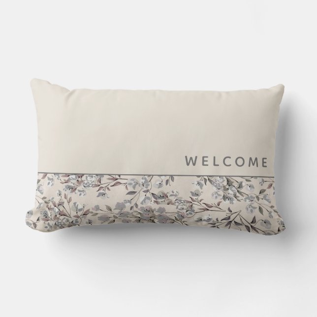 Welcome | Beige Linen & Gray Floral Lumbar Pillow (Front)