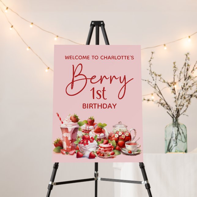 Welcome Berry 1st Birthday Pink Red Strawberry Foam Board (In Situ (Stand))