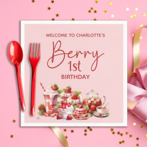 Welcome Berry 1st Birthday Pink Red Strawberry Napkins