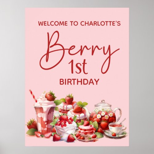 Welcome Berry 1st Birthday Pink Red Strawberry Poster