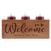 Welcome Birds On Line Cherry Wood Candle Holder (Front View)