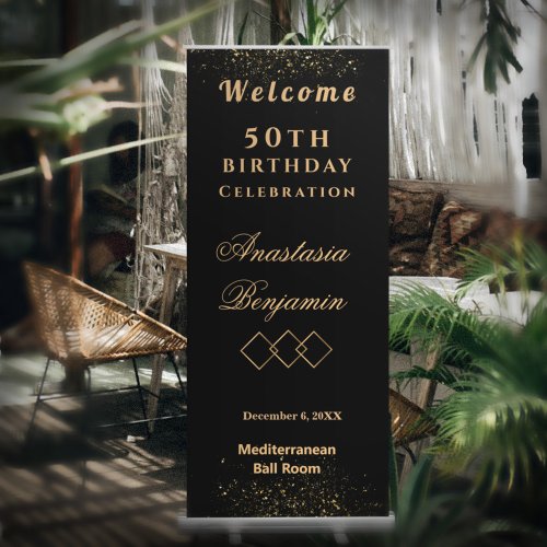 Welcome Birthday 50th Black Gold Party Elegant Retractable Banner