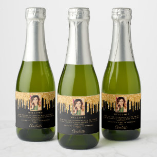 Welcome birthday party photo black glitter gold sparkling wine label