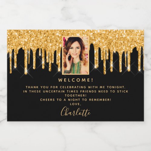 Welcome birthday party photo black glitter gold sparkling wine label