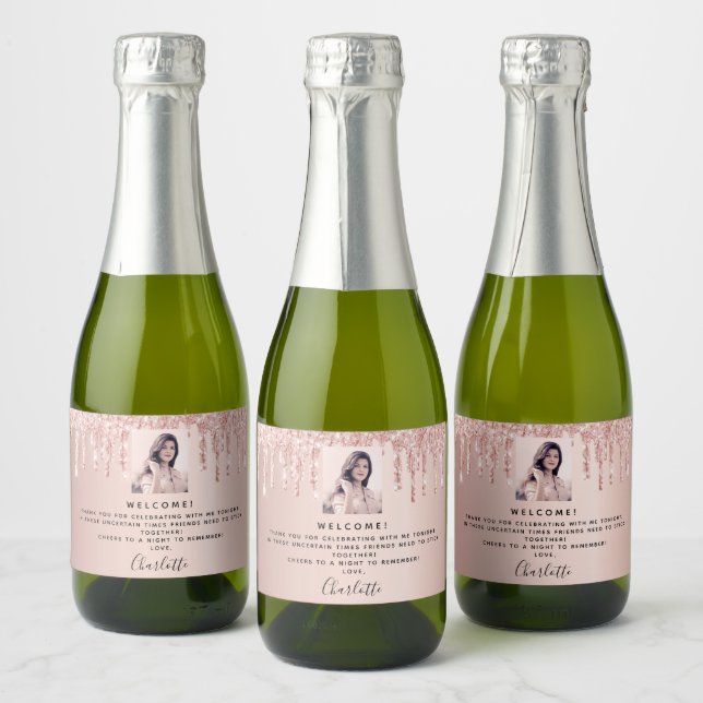 Welcome birthday party photo rose gold glitter sparkling wine label (Bottles)