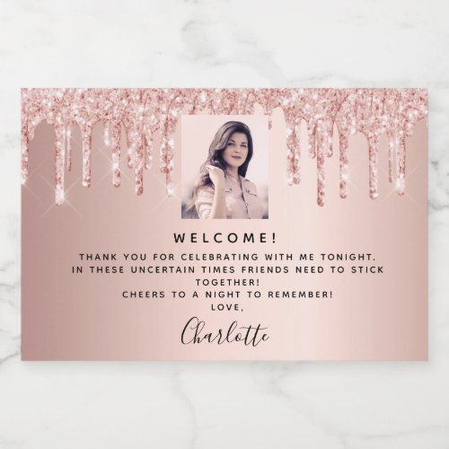 Welcome birthday party photo rose gold glitter sparkling wine label