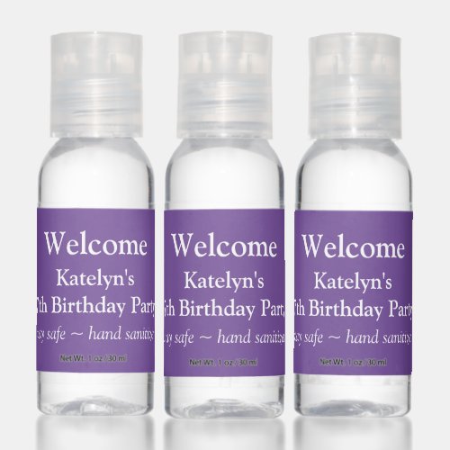 Welcome Birthday Party Purple Hand Sanitizer