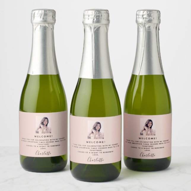 Welcome birthday photo rose gold pink guests sparkling wine label (Bottles)