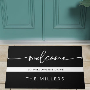Welcome Black and White Address Family Name Doormat