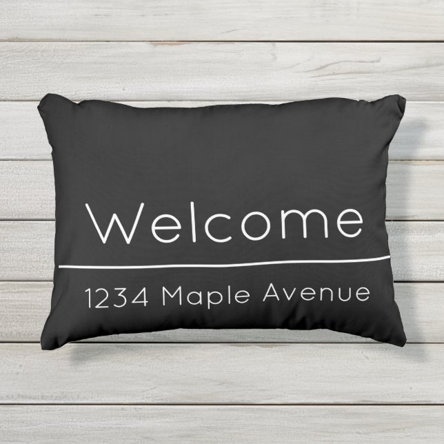Welcome Black and White Home Street Address Outdoor Pillow (Front)