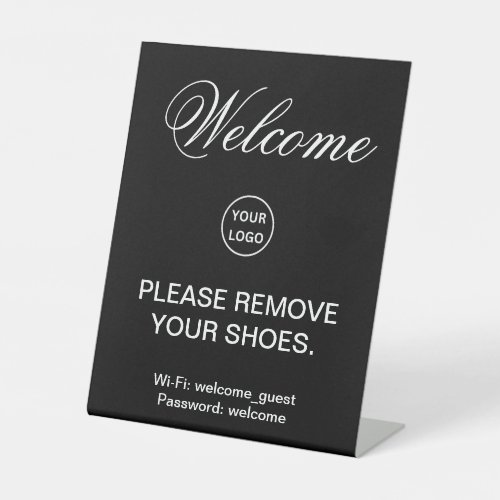Welcome Black and White Please Remove Shoes Logo Pedestal Sign