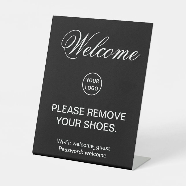 Welcome Black and White Please Remove Shoes Logo Pedestal Sign (Front)