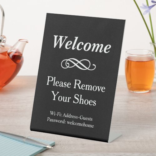 Welcome Black and White Please Remove Shoes Pedestal Sign