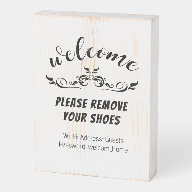 Welcome Black and White Please Remove Shoes  Wooden Box Sign (Angled Vertical)