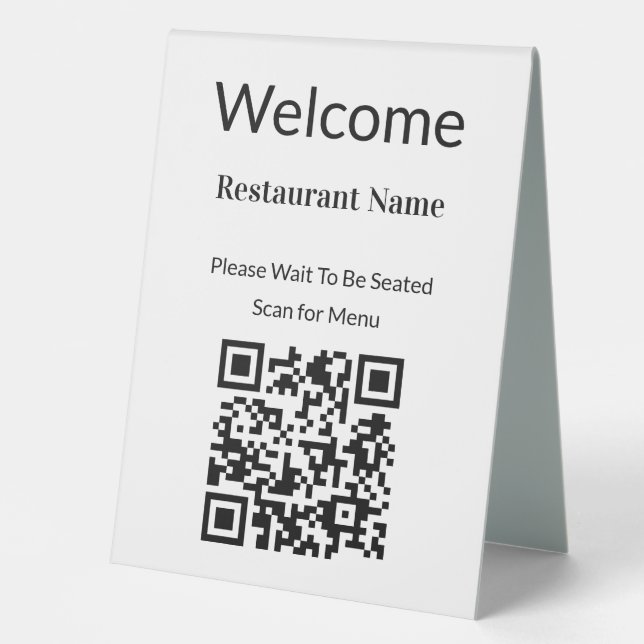 Welcome Black and White QR Code Scan For Menu Table Tent (Front)