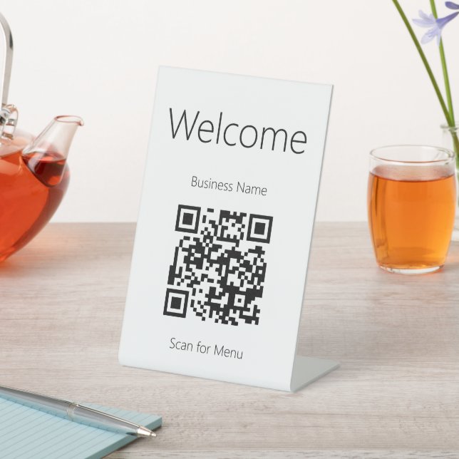 Welcome Black and White Scan for Menu QR Code Pedestal Sign (In SItu)