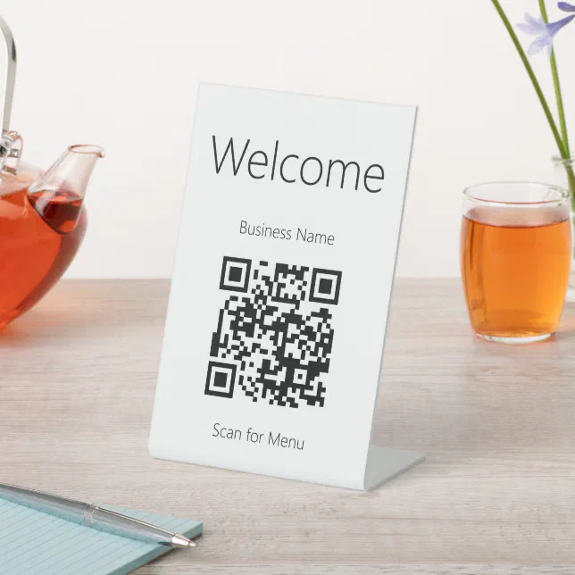 Welcome Black and White Scan for Menu QR Code Pedestal Sign | Zazzle