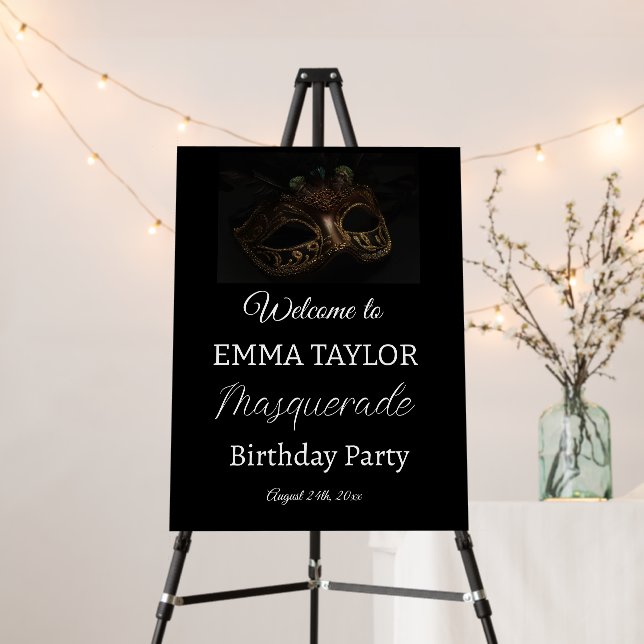 Welcome Black & Black Masquerade Birthday Party  Foam Board (In Situ (Stand))