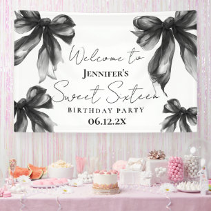 Welcome Black Bow Coquette Script Sweet 16 Banner