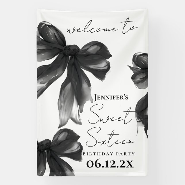 Welcome Black Bow Coquette Script Sweet 16 Party Banner (Vertical)