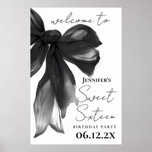 Welcome Black Bow Coquette Script Sweet 16 Party