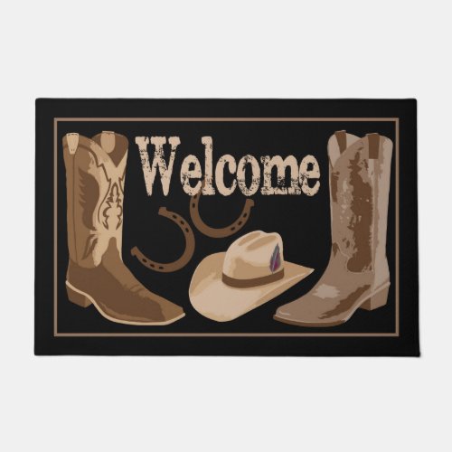 Welcome Black Brown Boots Hats Horseshoes Doormat