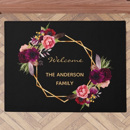 Welcome black burgundy florals gold family name doormat