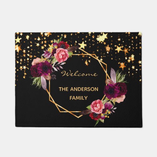 Welcome black burgundy florals gold stars family doormat