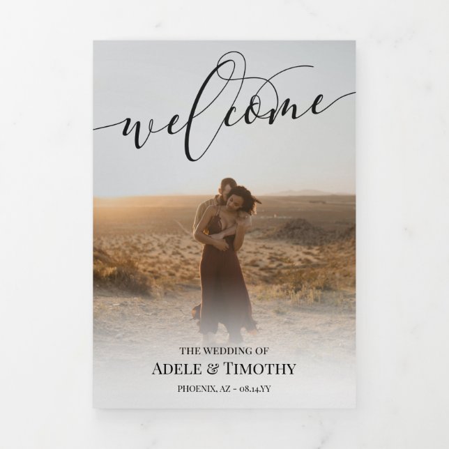 Welcome Black Calligraphy Photo Wedding  Tri-Fold Program (Cover)