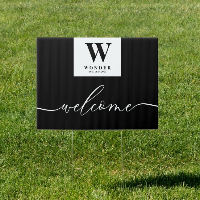 Welcome Black Chic Wedding Monogram Sign